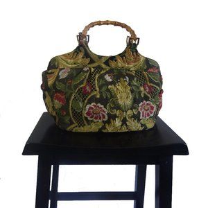 Talbots Floral Multi Color Tapestry Purse Wooden Handle